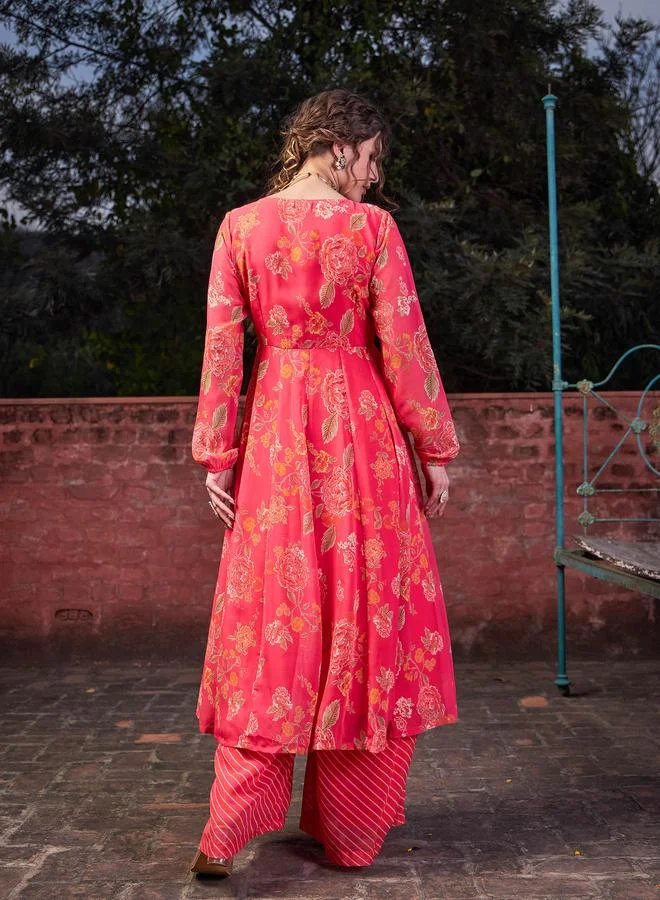 SASSAFRAS Sassafras Pink Floral Front Yoke Anarkali Kurta with Palazzo Pants Set