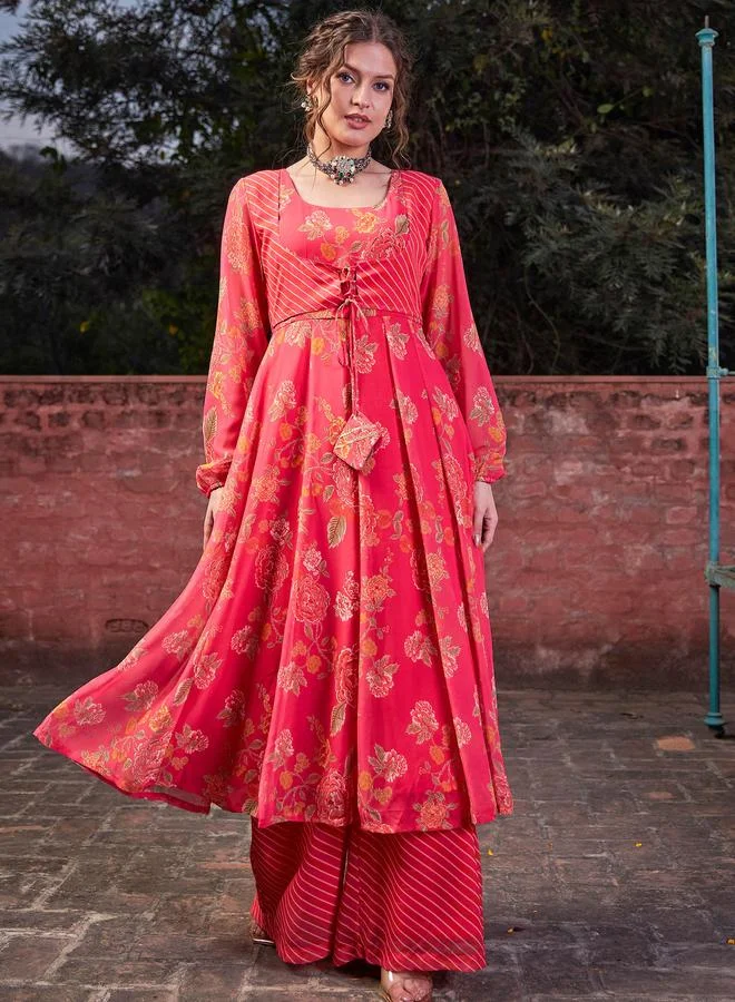 SASSAFRAS Sassafras Pink Floral Front Yoke Anarkali Kurta with Palazzo Pants Set