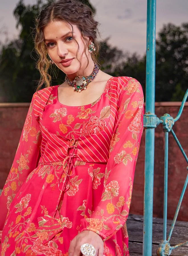 SASSAFRAS Sassafras Pink Floral Front Yoke Anarkali Kurta with Palazzo Pants Set