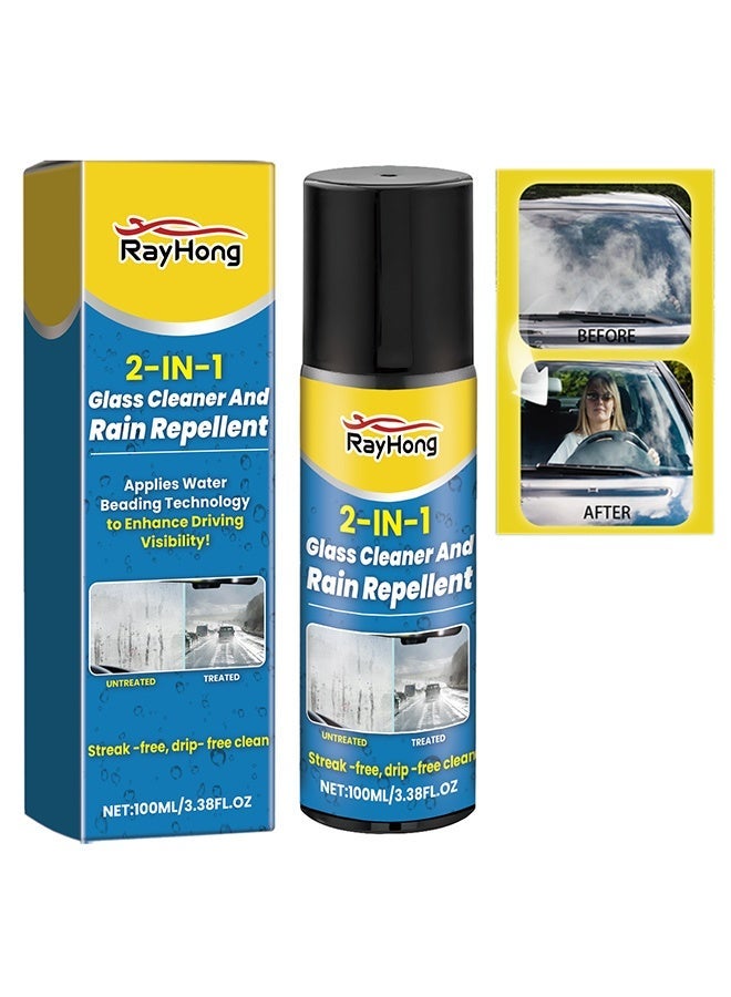 RAYHONG 2-In-1 Glass Cleaner and Rain Repellent 100ml, Water Repellent Spray, Long Lasting Rain Repellent & Hydrophobic Coating for Windshield, Glass, Windows, Mirrors Prevents Streaks, Spots & Buildup - Image 1