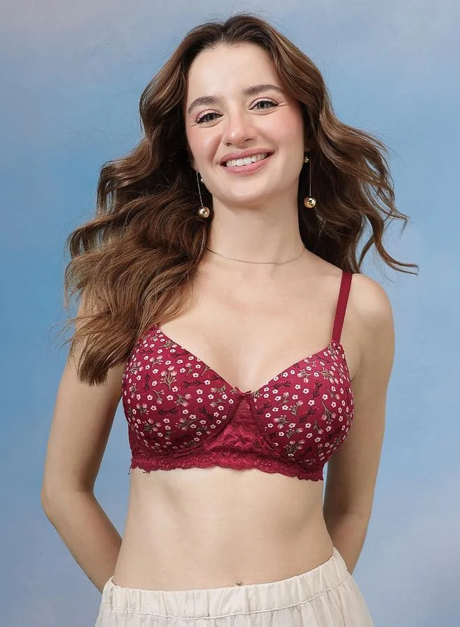 Clovia Padded Non-Wired Full Coverage Floral Print T-shirt Bra