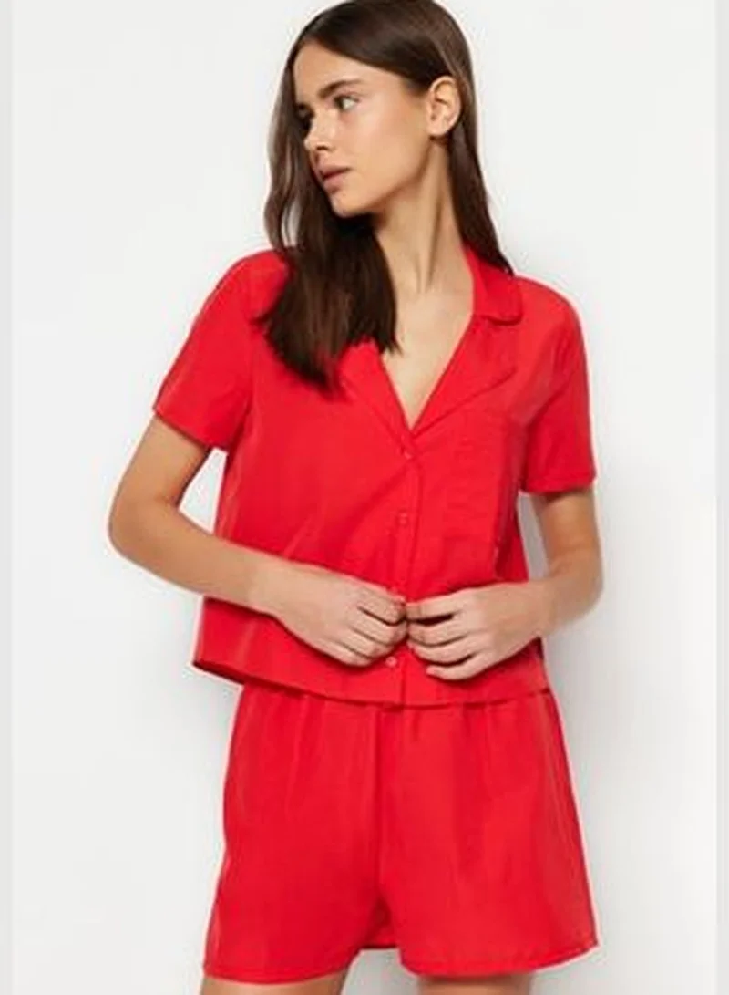 trendyol Dark Red Terrycotton Shirt-Shorts Woven Pajamas Set