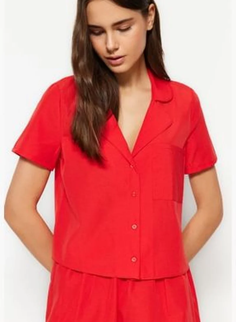 trendyol Dark Red Terrycotton Shirt-Shorts Woven Pajamas Set