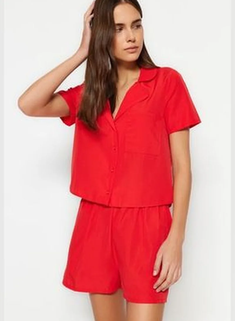 trendyol Dark Red Terrycotton Shirt-Shorts Woven Pajamas Set