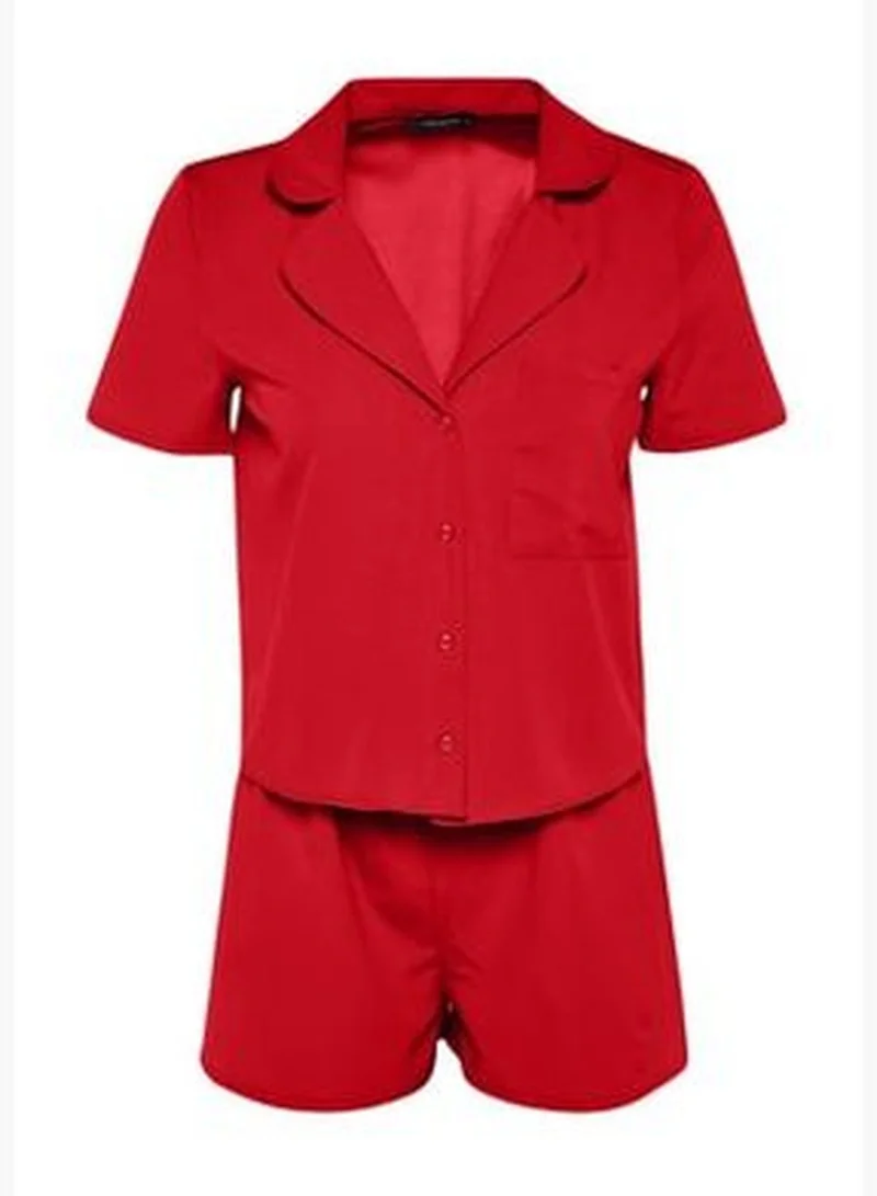 trendyol Dark Red Terrycotton Shirt-Shorts Woven Pajamas Set