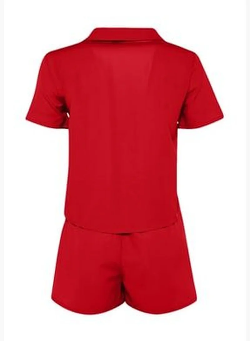 trendyol Dark Red Terrycotton Shirt-Shorts Woven Pajamas Set