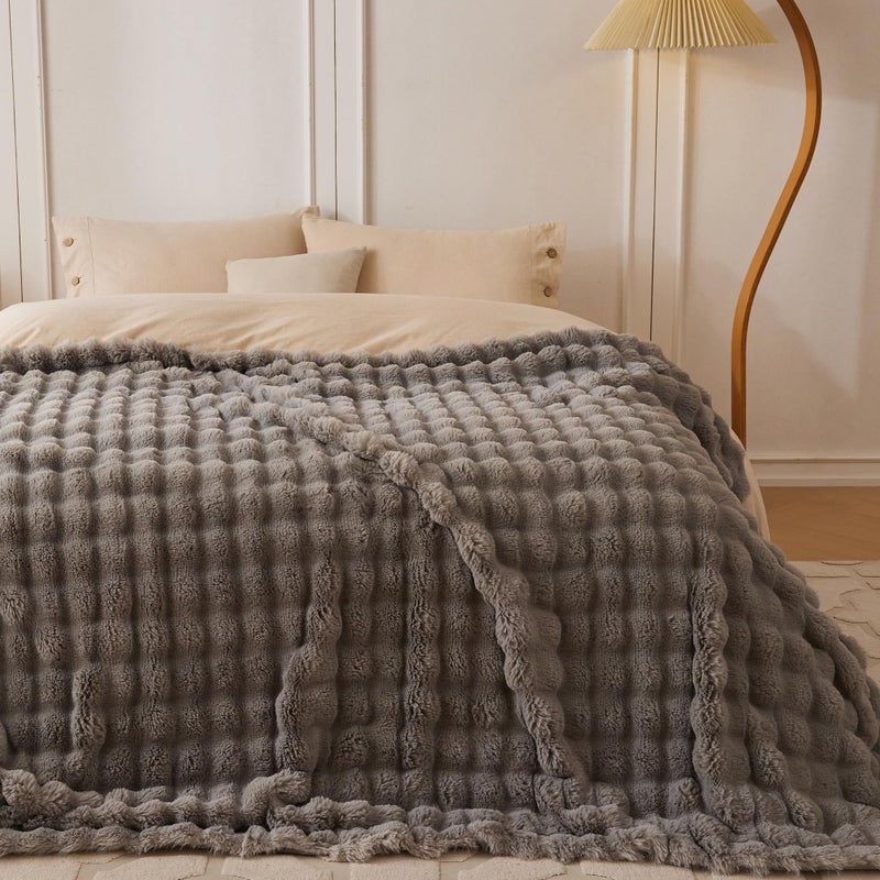 COOVA Faux Fur Throw Blanket for Couch, Cozy Soft and Fuzzy Plush Rabbit Fur Bubble Blanket for Sofa Bedroom Living Room, 50x60 Inches Grey - Image 3