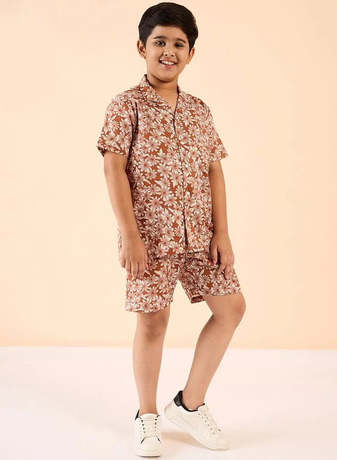 Stylo Bug Stylo Bug Brown Rayon Printed Shirt & Shorts Set for Boys