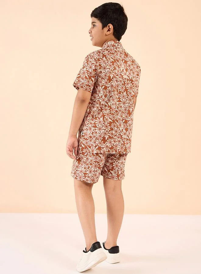 Stylo Bug Stylo Bug Brown Rayon Printed Shirt & Shorts Set for Boys