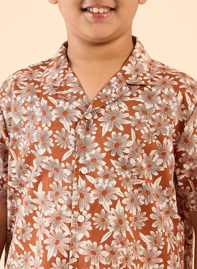 Stylo Bug Stylo Bug Brown Rayon Printed Shirt & Shorts Set for Boys