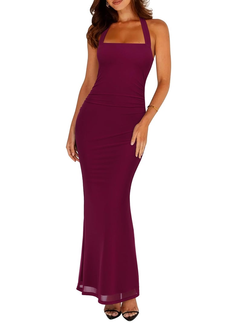 REORIA Summer Mesh Sheer Sleeveless Wedding Guest Maxi Dresses for Women Ruched Bodycon Square Neck Halter Tie Back Long Dress Cordovan Medium - Image 1
