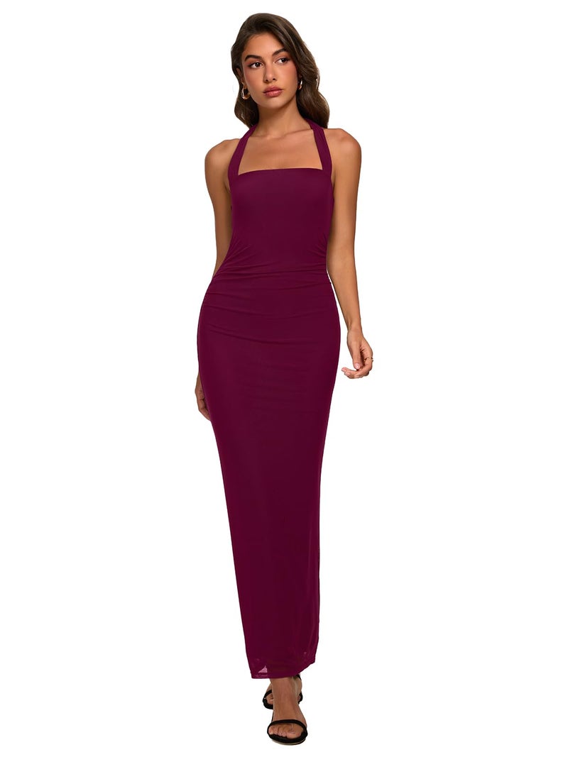 REORIA Summer Mesh Sheer Sleeveless Wedding Guest Maxi Dresses for Women Ruched Bodycon Square Neck Halter Tie Back Long Dress Cordovan Medium - Image 5