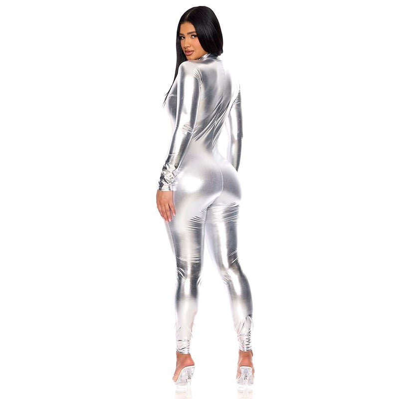 Forplay Women's Metallic Zip Front Mock Neck Catsuit Silver Large/X-Large - Image 2