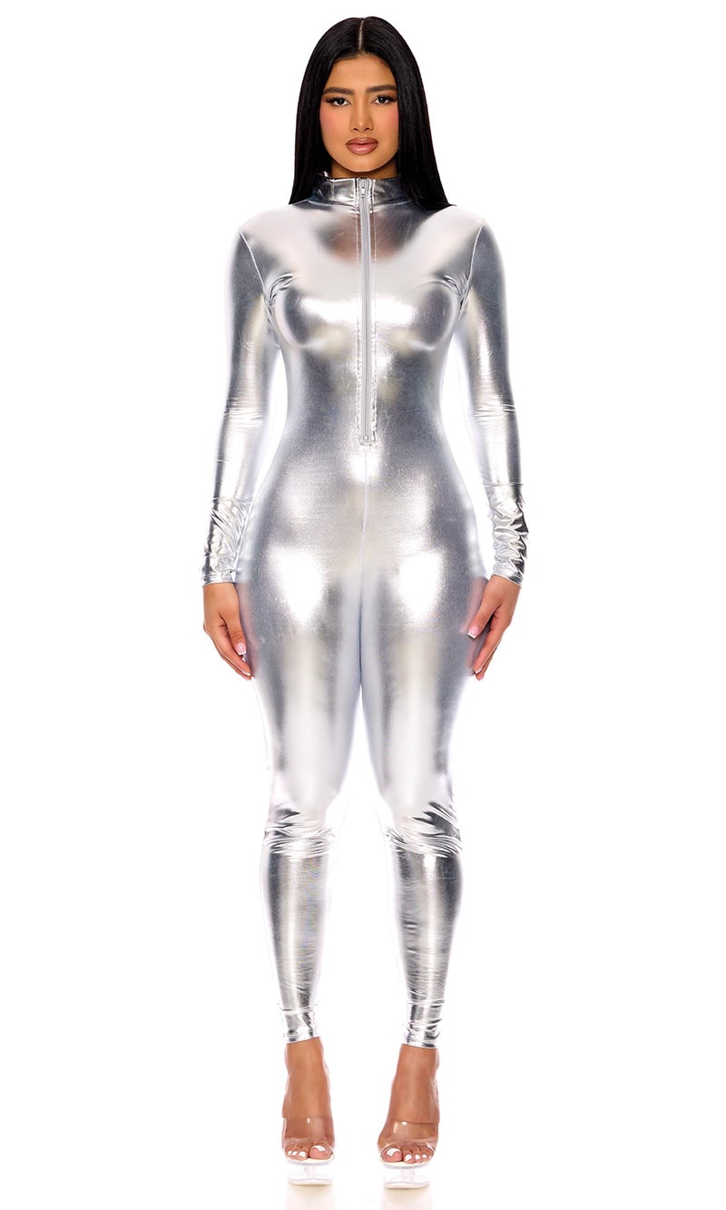 Forplay Women's Metallic Zip Front Mock Neck Catsuit Silver Large/X-Large - Image 3