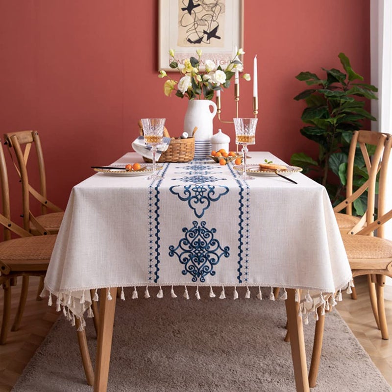 AMZALI Table Cloth Embroidery Damask Pattern Wrinkle Free Heavy Weight Cotton Linen Farmhouse Tablecloth Decorative Fabric Tassel Table Cover for Outdoor and Indoor Use Rectangle55 x 70 Inch