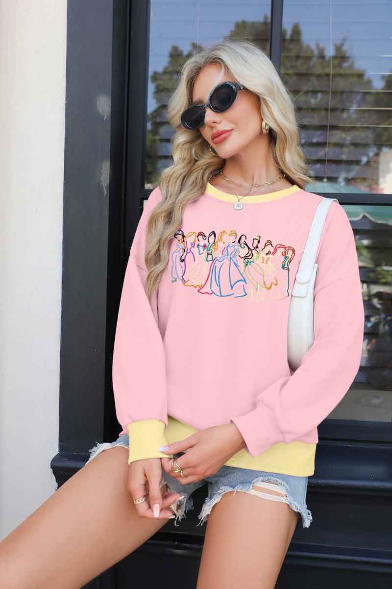 BANGELY Magical Sweatshirt Women Cute Embroidered Magic Princess Sweater Family Vacation Shirt Casual Long Sleeve Top C-pink - Image 3