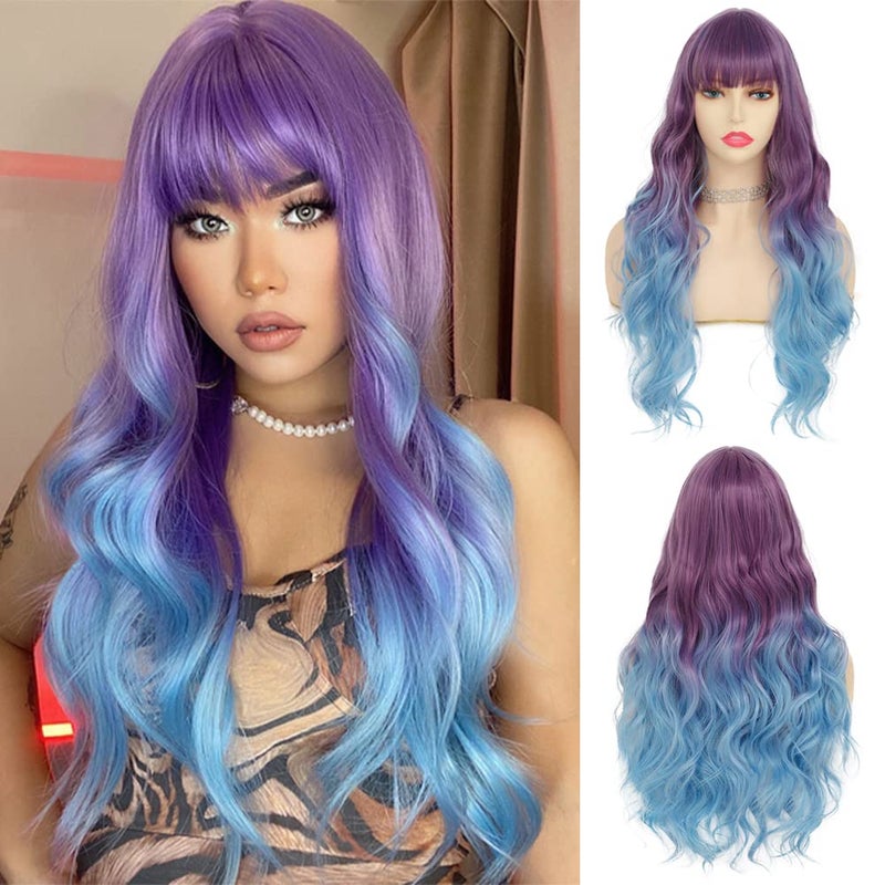 Purple to Blue Long Curly Wigs for Women Ombre Blue Synthetic Hair Natural Looking Wavy Wig PurpleBlue