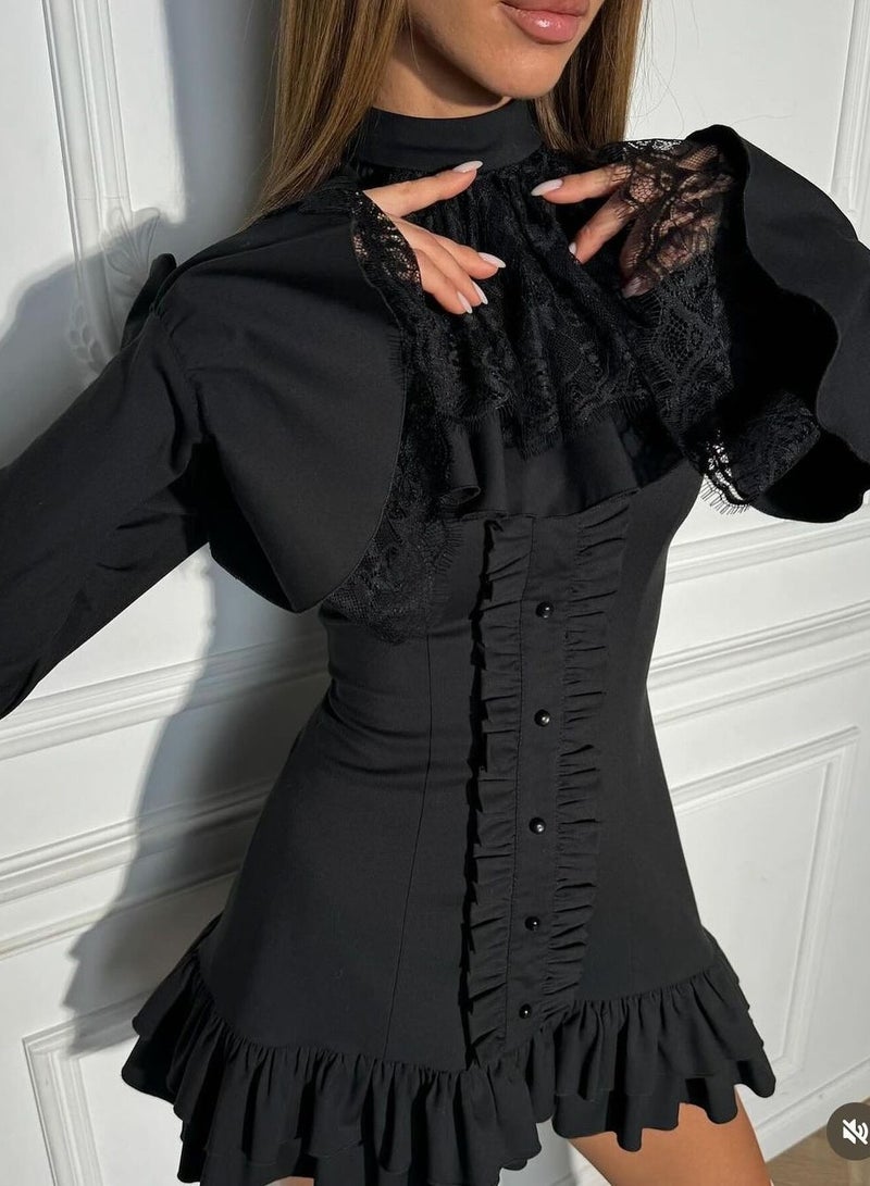 ZAGHOU Vintage-Inspired Ruffled Sleeve Mini Dress - Image 1