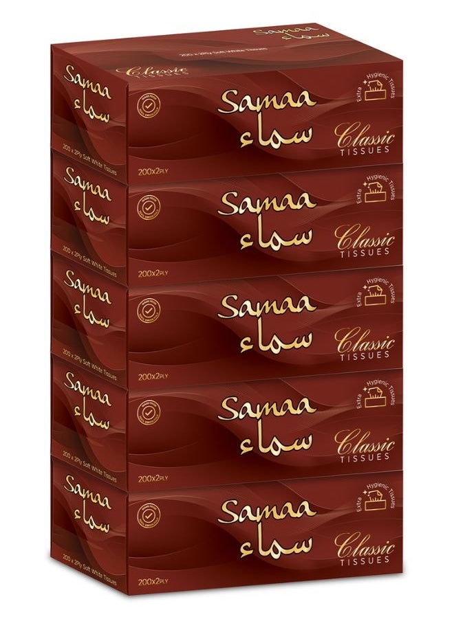 Samaa Facial Classic Soft White Tissues Boxes 200 Sheets 2 Ply Pack of 5  - Image 1