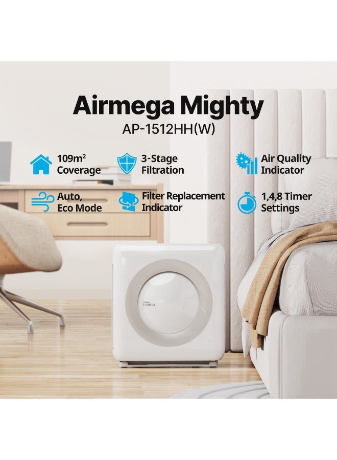 COWAY Airmega Mighty 1512HH White – Moon design. True HEPA Purifier, AQI Monitor, for Large Home Bedroom 1,748ft², USA Best by NYT, Auto Mode, Removes 99.99% Allergens, Dust & Odours, 5yr Warranty - Image 3