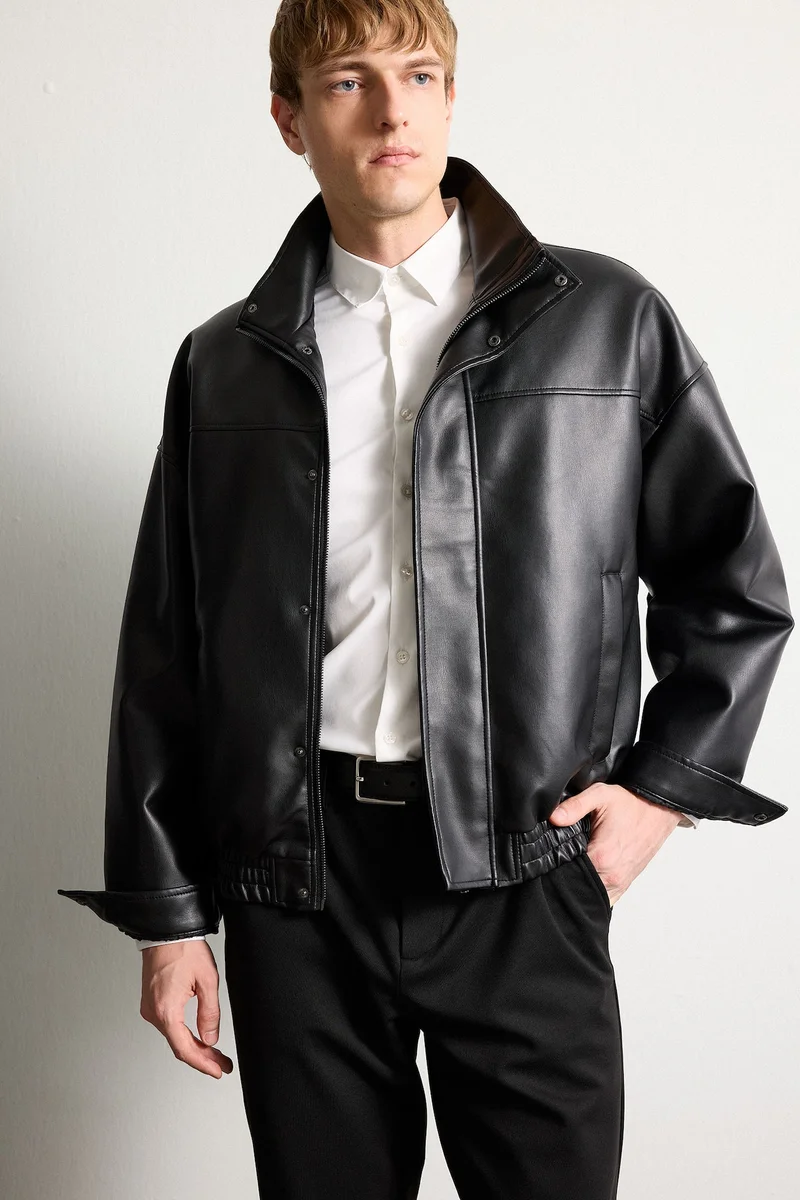 Defacto Oversize Fit Faux Leather Stand Collar Zip-Up Jacket