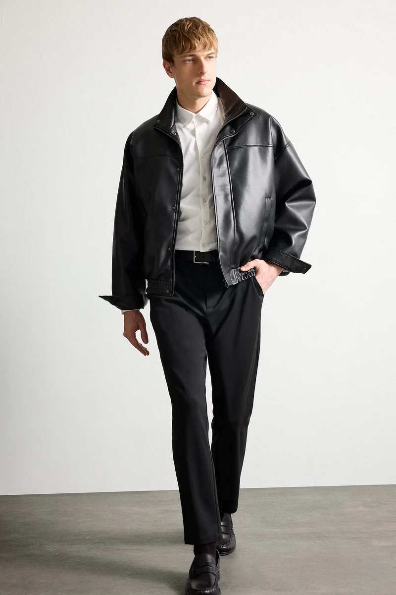 Defacto Oversize Fit Faux Leather Stand Collar Zip-Up Jacket
