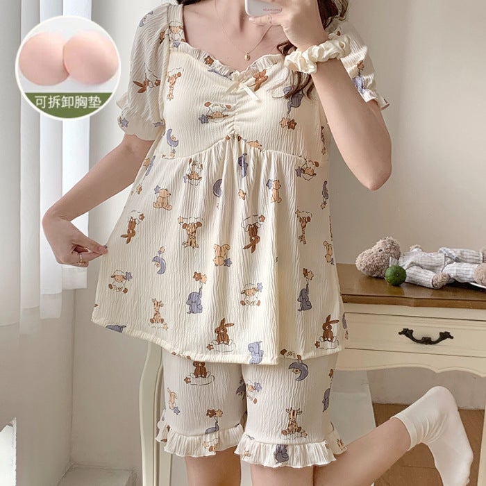 Summer Cotton-Like Pajama Set with Padded Bra 889# Animal Party 