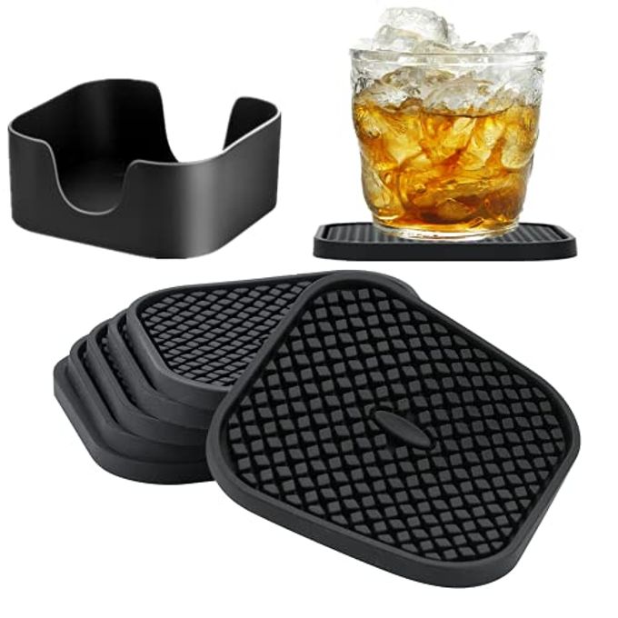 IYYI Silicone Coasters Set of 6, Drink Coasters with Holder, Non-Slip Cup Mat, Deep Tray Absorbent Coaster, Heat Resistant Countertop Protection (Black-Square) - Image 1