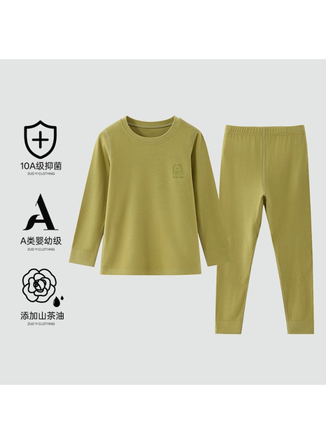 Autumn And Winter Children's New Thermal Underwear Set For Girls, Round Neck, Antibacterial, Fleece-lined, Heat-generating, Cartoon Design, Tops And Bottoms For Boys