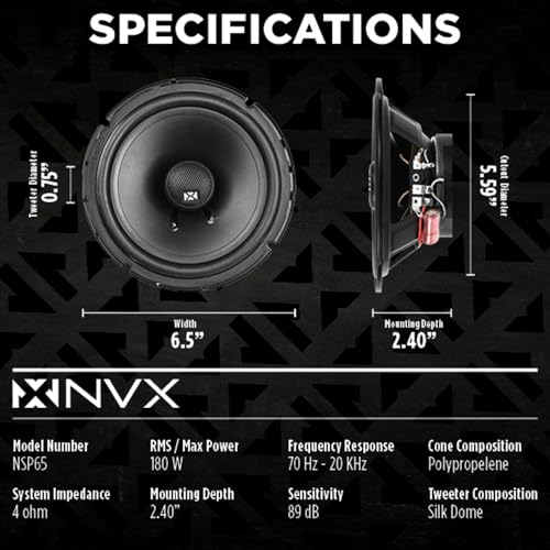 NVX® NSP65 6.5" Car Speakers, 540W Max, 180W RMS, 2-Way Coaxial w/Silk Dome Tweeters & Built-in X-Overs, Easy to Install in Cars/Trucks/Doors (Pair) - Image 3