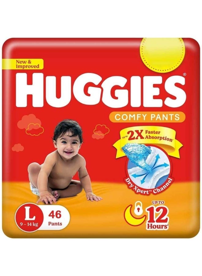 Huggies Comfy Pants Baby Diaper Pants, Large, 9-14 kg, 2X Faster Absorption, up to 12 Hours, 46 Pants - Image 1