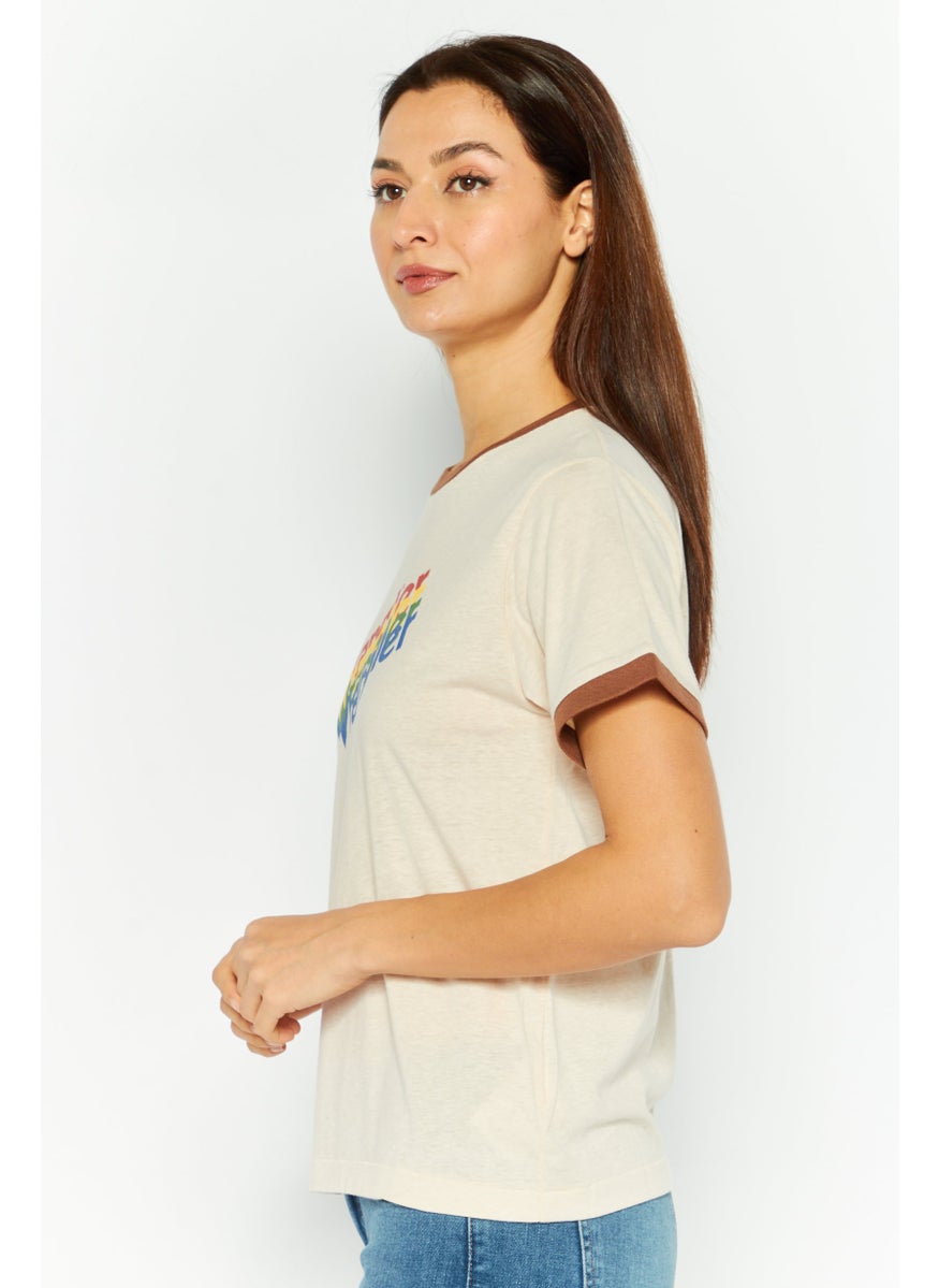 Wrangler Women Round Neck Short Sleeves Graphic Print Top, Beige  - Image 3