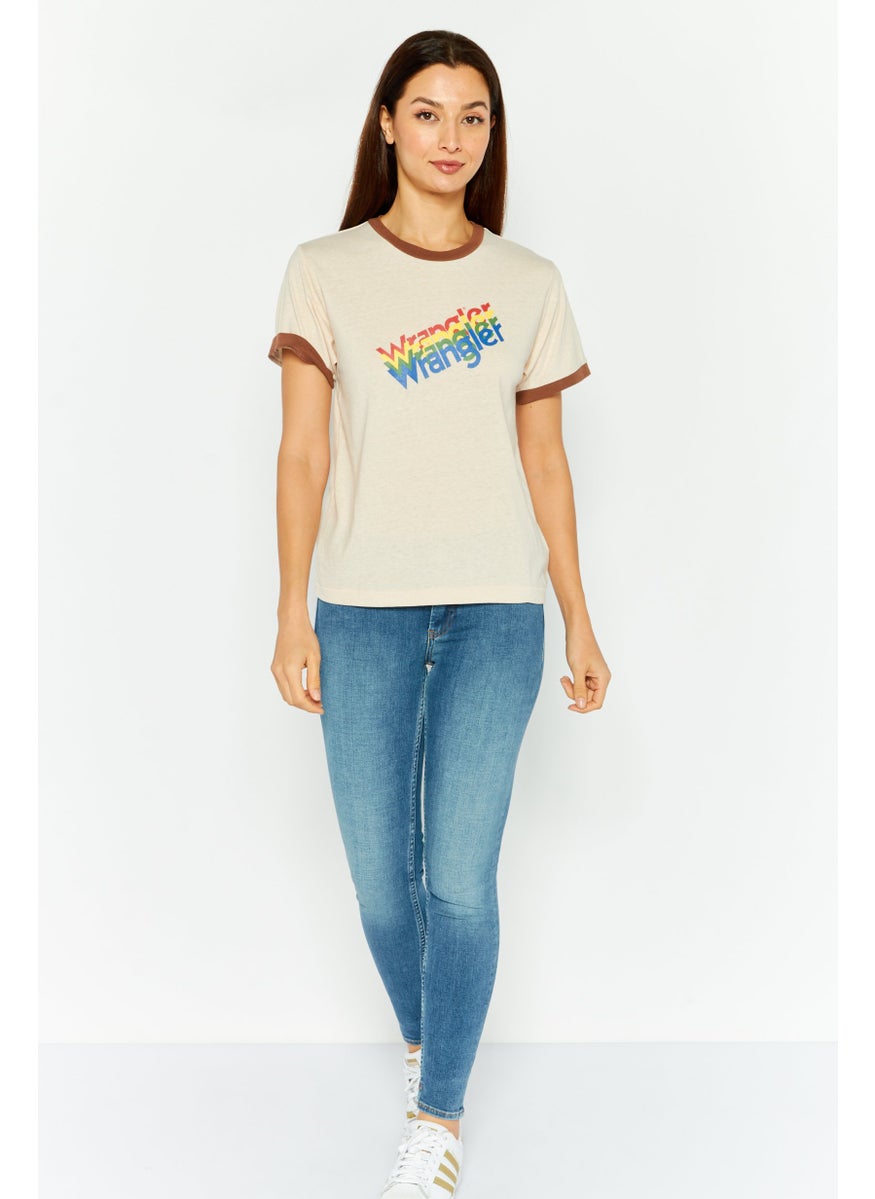 Wrangler Women Round Neck Short Sleeves Graphic Print Top, Beige  - Image 2