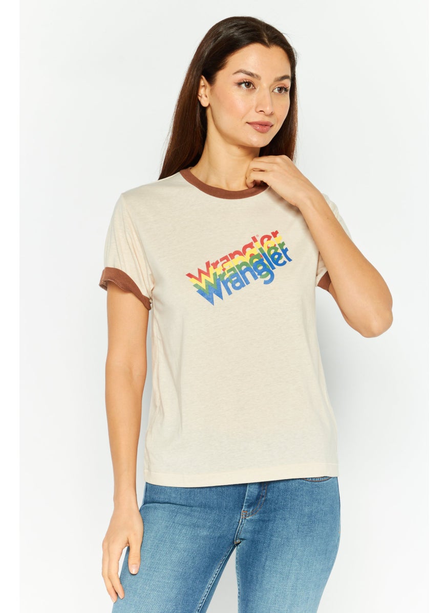 Wrangler Women Round Neck Short Sleeves Graphic Print Top, Beige  - Image 1