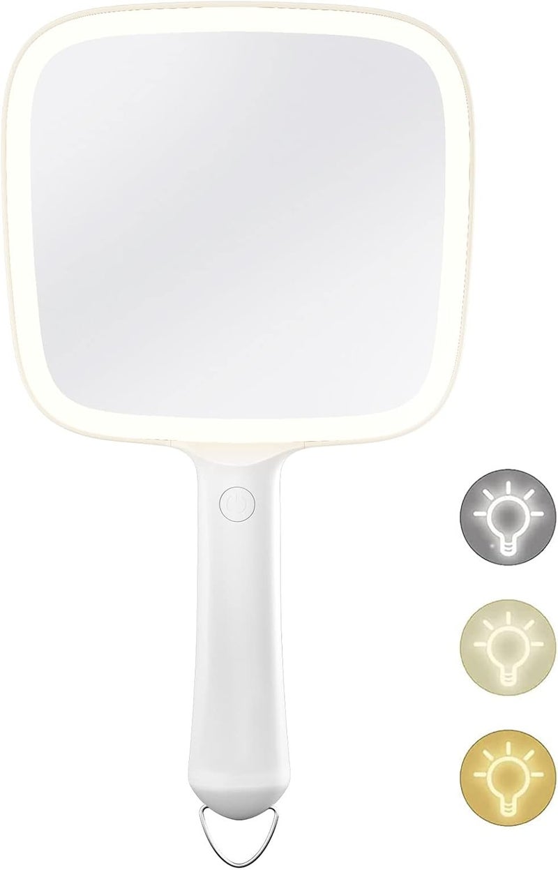 Famihomii Lighted Handheld Mirror with 3 Light Color and Dimmable, 6.2'' X 5.9'' Makeup Mirror, Wide Viewing Angle, Lightweight & Durable, 4 AAA Battery, Versatile & Hangable for Makeup Application (White)