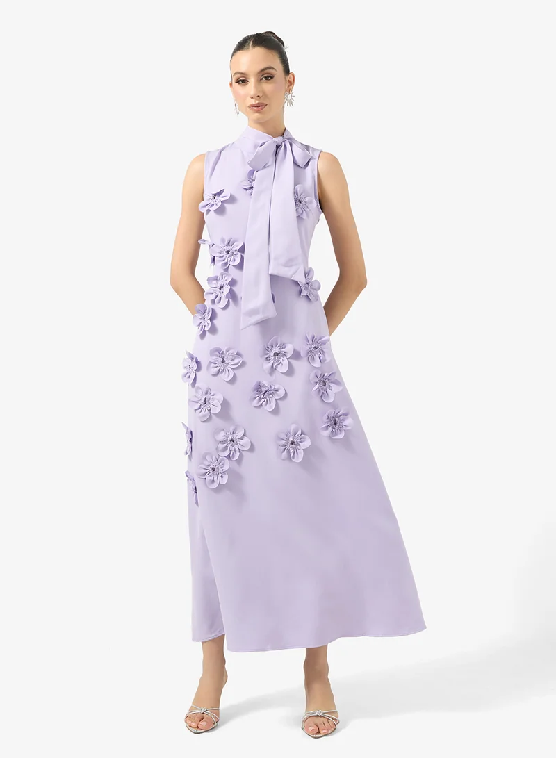 جينجر بوتيك Mock Neck 3D Floral Applique A Line Dress