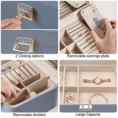 KAMIER Jewelry Organizer Box, 2 Layers PU Leather, Large Capacity, Double Lock and Large Mirror, Hidden Necklace Hooks, Removable Dividers, Gift Box Packaging,Bluish Grey - Image 3
