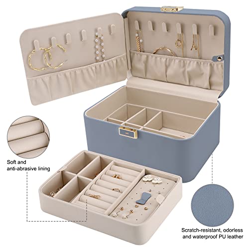 KAMIER Jewelry Organizer Box, 2 Layers PU Leather, Large Capacity, Double Lock and Large Mirror, Hidden Necklace Hooks, Removable Dividers, Gift Box Packaging,Bluish Grey - Image 4