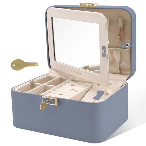 KAMIER Jewelry Organizer Box, 2 Layers PU Leather, Large Capacity, Double Lock and Large Mirror, Hidden Necklace Hooks, Removable Dividers, Gift Box Packaging,Bluish Grey - Image 1
