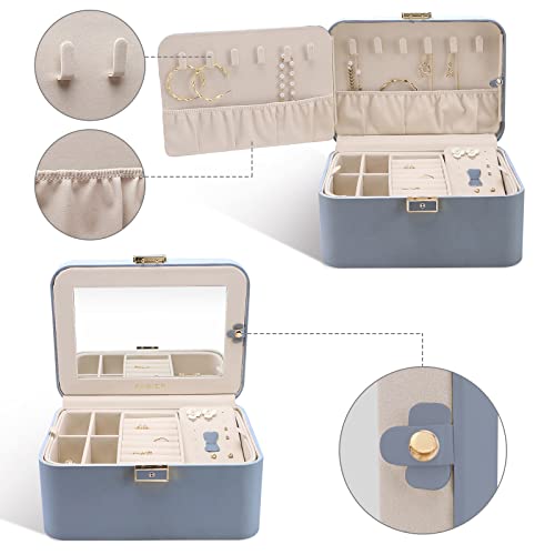 KAMIER Jewelry Organizer Box, 2 Layers PU Leather, Large Capacity, Double Lock and Large Mirror, Hidden Necklace Hooks, Removable Dividers, Gift Box Packaging,Bluish Grey - Image 5
