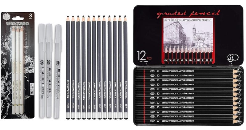 ChiggiWiggi ChiggiWiggi Charcoal Pencils Drawing Set 12 Pcs for Drawing Sketching Shading 12 Pcs Drawing Sketching Graphite Pencil Set With 3 Pcs White Medium Charcoal Pencil and 3 Pcs White Highlight Gel Pen  - Image 1