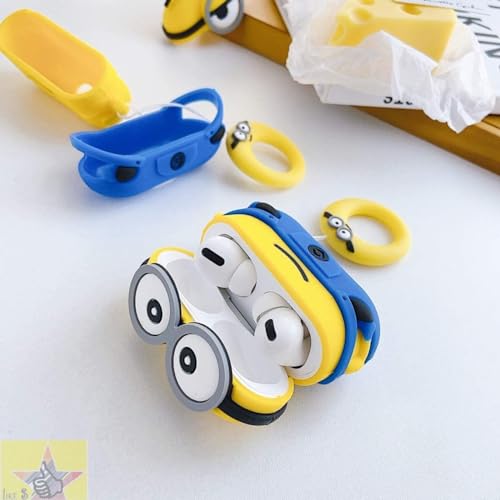 Like Star Cartoon Design Case Cover for Apple Air Pods Pro/Pro2, 360° Full-Body Protective Case Shockproof with Keychain Case Cover for Men and Women (Two Eye Minion) with (Cable Protector), Multi - Image 2