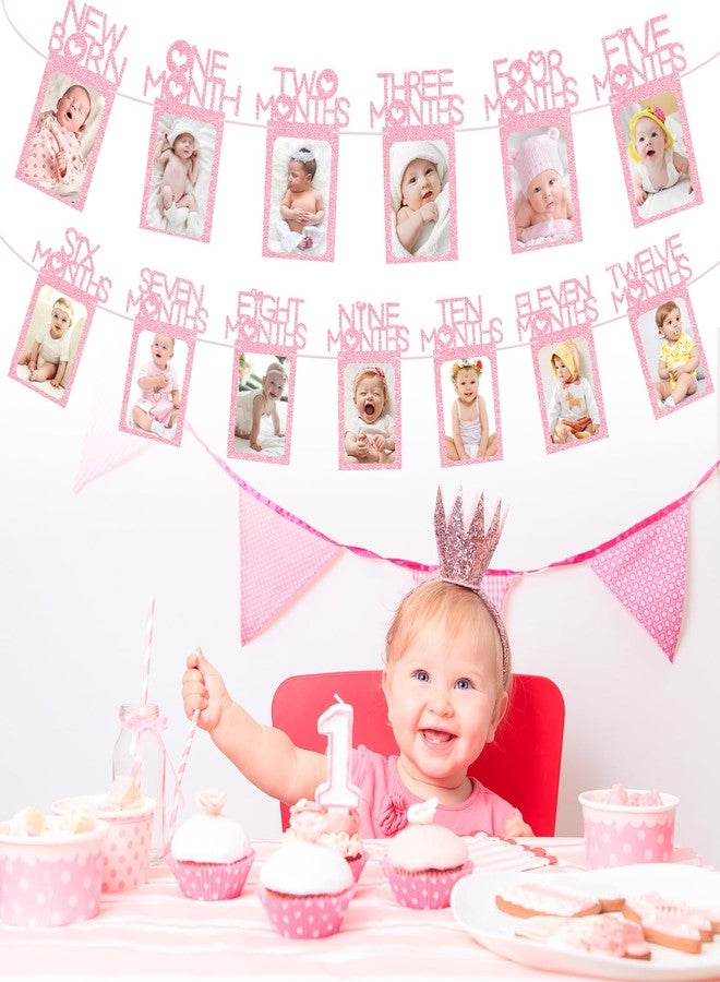 Joymee 1st Birthday Baby Photo Banner for Newborn to 12 Months, Monthly Milestone Photograph Bunting Garland, Monthly Photo Banner for Baby Boys Girls First Birthday Party Celebration Decoration (Pink - Image 4