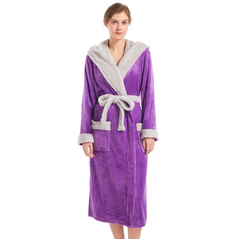 Inner Wish Women Hooded Plush Robe Fleece Cozy Warm Bathrobe Fuzzy Female Spa Robe With Pockets Spa BathrobeVIOLETLTGREY 2XL3XL