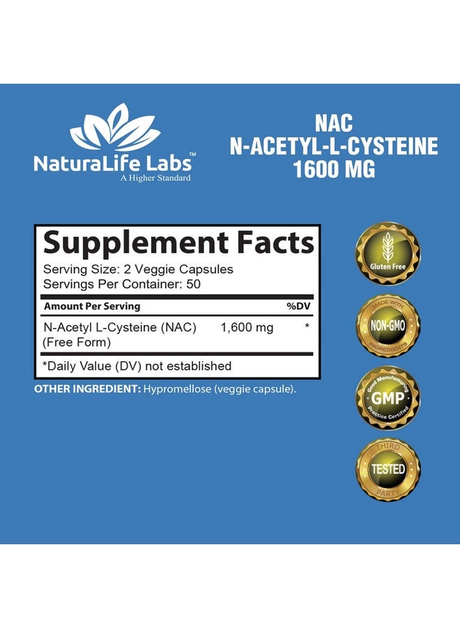 NaturaLife Labs N-Acetyl-L-Cysteine (NAC) 1600 mg Immune Support & Antioxidants*, Free-Radicals, Free Form, Exercise Performance - 100 Veggie Capsules - Image 2