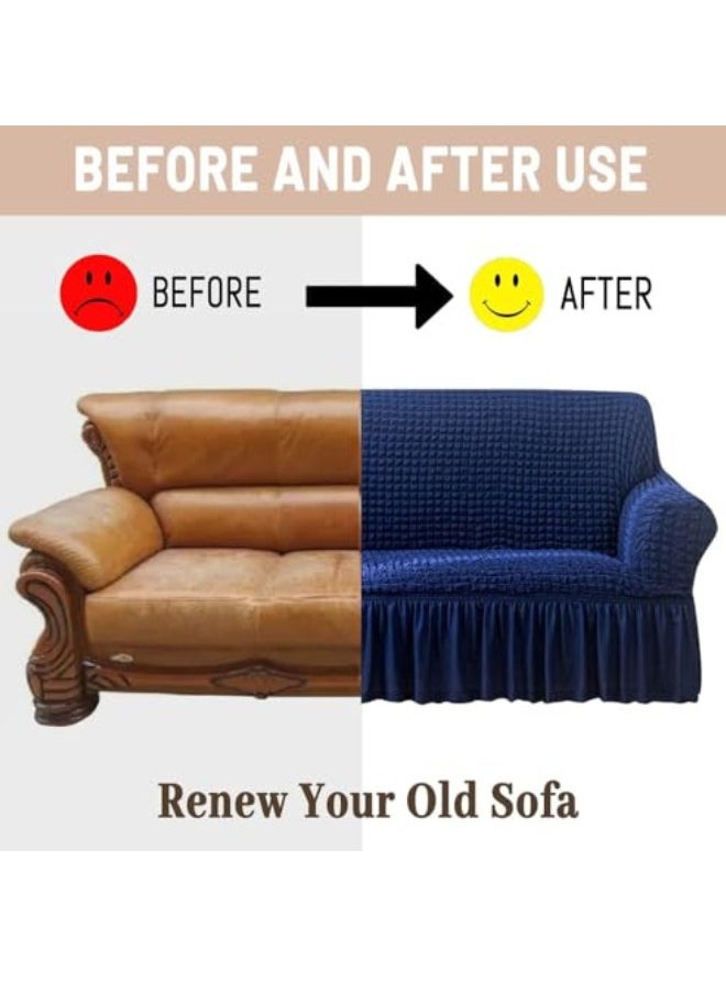 Sofa Slipcover One Piece Easy Fit Stretch Couch Cover with Skirt Durable Washable High Elastic Stretchable Universal Furniture Protector (Navy Blue, 3 Seats)