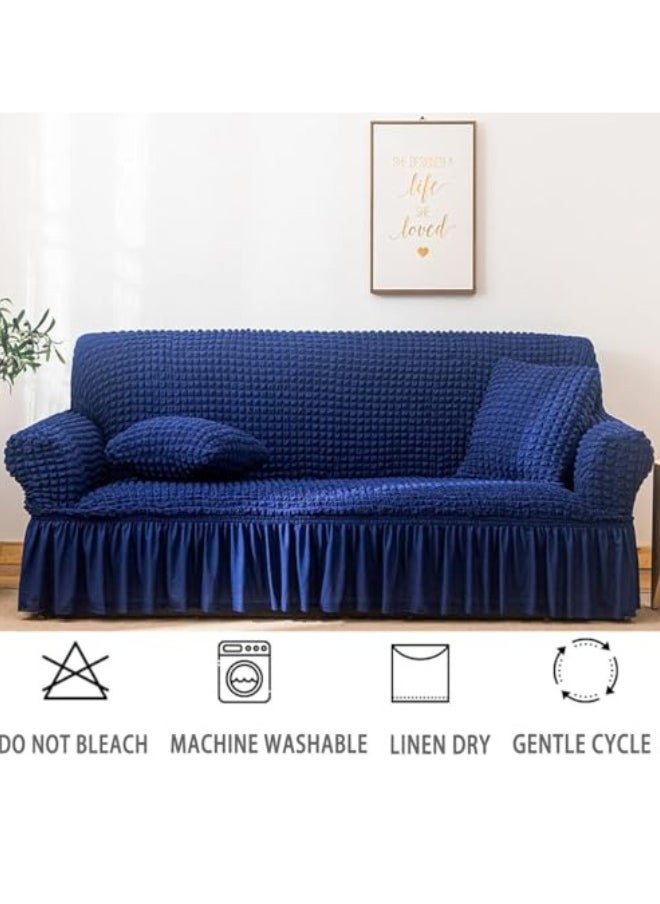 Sofa Slipcover One Piece Easy Fit Stretch Couch Cover with Skirt Durable Washable High Elastic Stretchable Universal Furniture Protector (Navy Blue, 3 Seats)