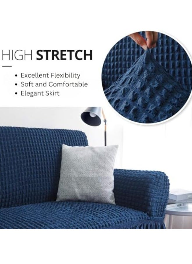 Sofa Slipcover One Piece Easy Fit Stretch Couch Cover with Skirt Durable Washable High Elastic Stretchable Universal Furniture Protector (Navy Blue, 3 Seats)