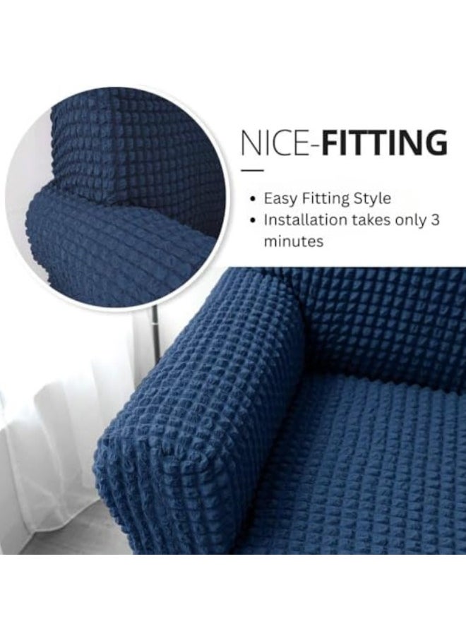 Sofa Slipcover One Piece Easy Fit Stretch Couch Cover with Skirt Durable Washable High Elastic Stretchable Universal Furniture Protector (Navy Blue, 3 Seats)