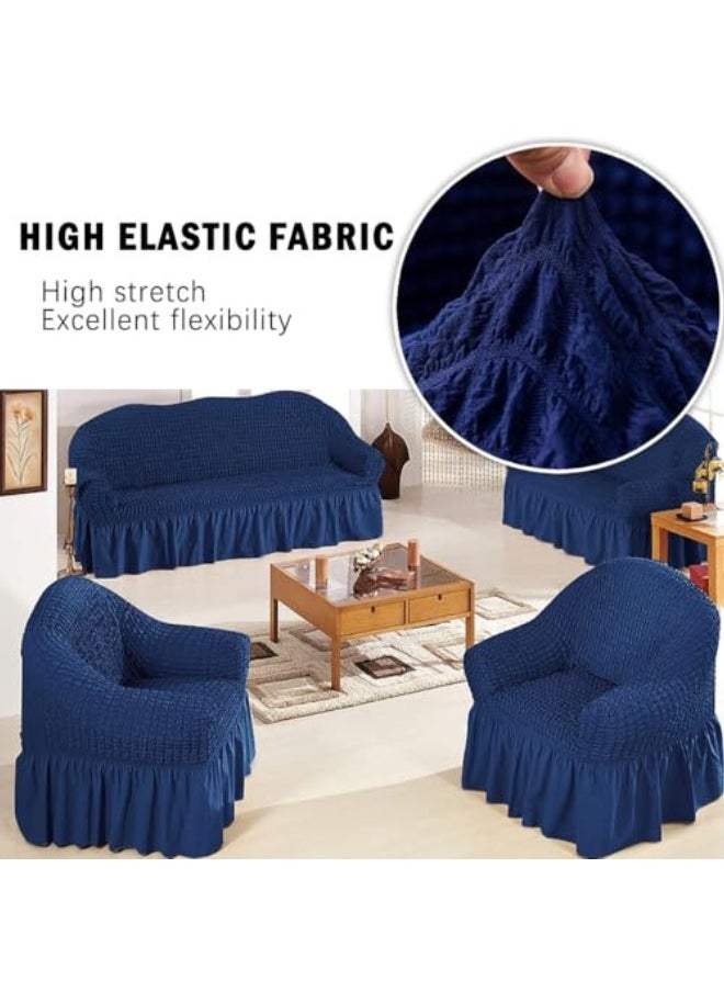 Sofa Slipcover One Piece Easy Fit Stretch Couch Cover with Skirt Durable Washable High Elastic Stretchable Universal Furniture Protector (Navy Blue, 3 Seats)